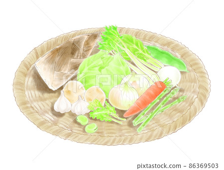 Watercolor sketch style, spring vegetable set, colander Watercolor sketch style, spring vegetable set, colander 86369503