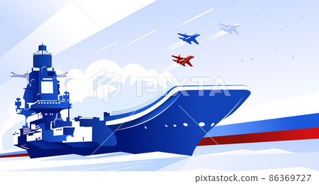 Heavy aircraft-carrying military cruiser card. Defender of the Fatherland Day in Russia. Vector illustration 86369727