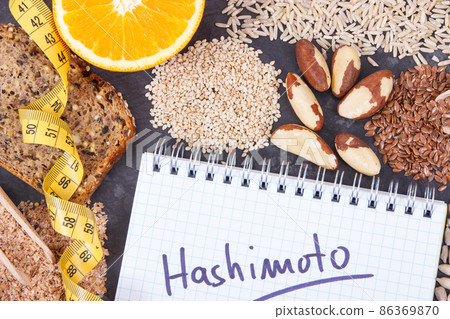 Tape measure, notepad with inscription hashimoto and best ingredients for healthy thyroid Tape measure, notepad with inscription hashimoto and best ingredients for healthy thyroid 86369870