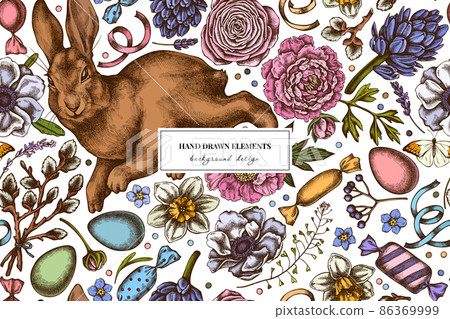 Easter seamless pattern background design. Engraved style. Hand drawn rabbit, eggs, willow branches Easter seamless pattern background design. Engraved style. Hand drawn rabbit, eggs, willow branches 86369999