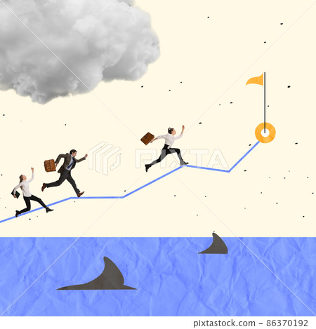Creative design. Contemporary art collage. Business people, employees running on graph over water with sharks symbolizing risky way to success Creative design. Contemporary art collage. Business people, employees running on graph over water with sharks symbolizing risky way to success 86370192