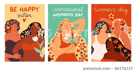 Hair flowers women cards. Beautiful female portraits. International girls day posters. Body positive ladies. Spring hairstyles. Happy persons with blossom bouquets. Vector postcards set 86370237