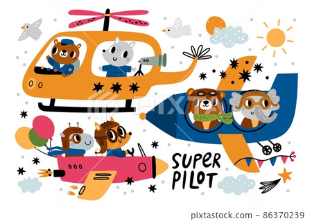 Funny animals fly. Avatars on different aircraft. Planes and helicopter. Bears and fox pilots. Wolf and elephant passengers. Hippopotamus travels by airplane. Vector air transport set Funny animals fly. Avatars on different aircraft. Planes and helicopter. Bears and fox pilots. Wolf and elephant passengers. Hippopotamus travels by airplane. Vector air transport set 86370239