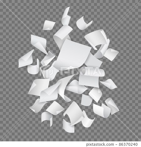 Flying papers group. Realistic white notebook pages, blank sheets composition, isolated curled notepaper, curved office papers falling in air, documents background vector concept 86370240