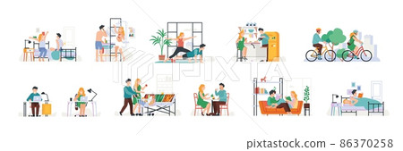 Couple daily routine. Everyday activity. Guy and girl living together. Romantic weekday. Sports exercises and dinners. People walk or work with laptops. Vector day schedule scenes set Couple daily routine. Everyday activity. Guy and girl living together. Romantic weekday. Sports exercises and dinners. People walk or work with laptops. Vector day schedule scenes set 86370258