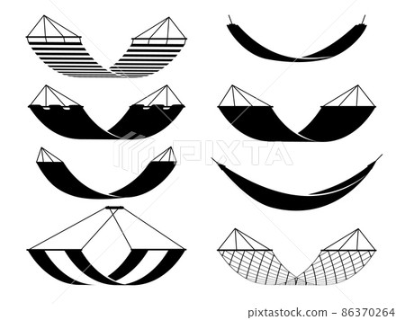 Black hammock icons. Different types camping adaptations, touristic simple silhouettes signs, outdoor relax comfortable objects. Hanging canvas sofas for picnic vector isolated set 86370264