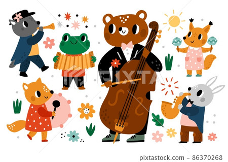 Animals play music. Musicians with instruments. Funny fairy tale characters. Bear double bass player. Hare with saxophone. Trumpeter and drummer. Vector musical orchestra performers set Animals play music. Musicians with instruments. Funny fairy tale characters. Bear double bass player. Hare with saxophone. Trumpeter and drummer. Vector musical orchestra performers set 86370268