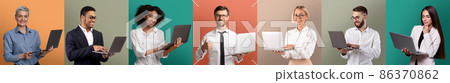Modern technologies concept. Set of multiethnic businesspeople with laptops posing over colorful studio backgrounds Modern technologies concept. Set of multiethnic businesspeople with laptops posing over colorful studio backgrounds 86370862