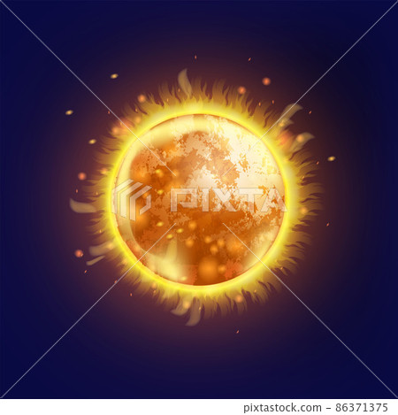 Sun planet vector icon, realistic star, space astronomy 3D galaxy illustration, hot fire flares 86371375