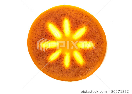 Bright light in the middle of the fruit. Close-up of a fresh ripe persimmon, a round slice on an isolated white background. Full depth of field. High quality photo Bright light in the middle of the fruit. Close-up of a fresh ripe persimmon, a round slice on an isolated white background. Full depth of field. High quality photo 86371822