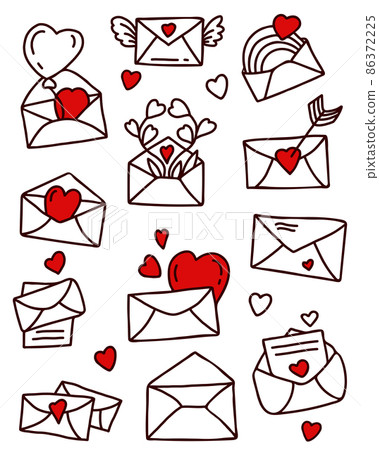 Collection of linear hand drawn doodles - envelopes, letters with love and hearts, arrows, flowers and rainbow. Vector illustration. Isolated elements on white background for valentines Collection of linear hand drawn doodles - envelopes, letters with love and hearts, arrows, flowers and rainbow. Vector illustration. Isolated elements on white background for valentines 86372225
