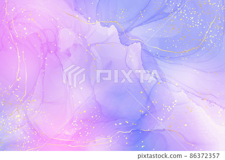 Cyan blue and lavender liquid marble background with gold stripes and glitter dust. Pastel pink violet watercolor drawing effect. Vector illustration backdrop for wedding invitation, rsvp, menu 86372357