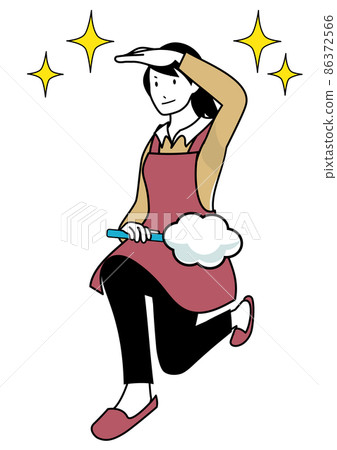 插圖素材:一個穿著圍裙的女人,一隻手拿著撣子擺姿勢 插圖素材:一個穿著圍裙的女人,一隻手拿著撣子擺姿勢 86372566