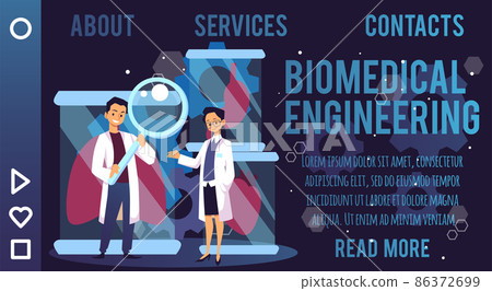Biomedical engineering website banner layout, cartoon flat vector illustration. 86372699