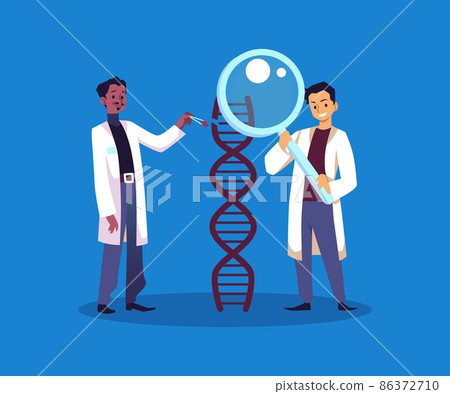 Scientist with magnifier research DNA helix, genetic engineering concept - flat vector illustration. Scientist with magnifier research DNA helix, genetic engineering concept - flat vector illustration. 86372710