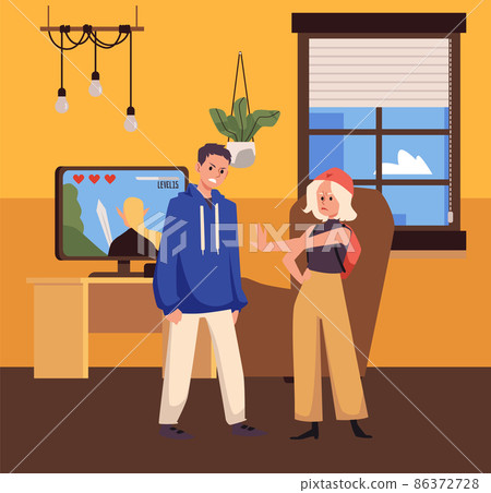 Young couple conflicting and arguing, flat cartoon vector illustration. Young couple conflicting and arguing, flat cartoon vector illustration. 86372728