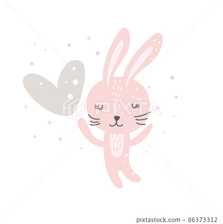 Cute valentine doodle hand drawn pink bunny girl with heart illustration. Sweet rabbit character holding a heart. Cartoon character baby vector logo for web design isolated on white background 86373312