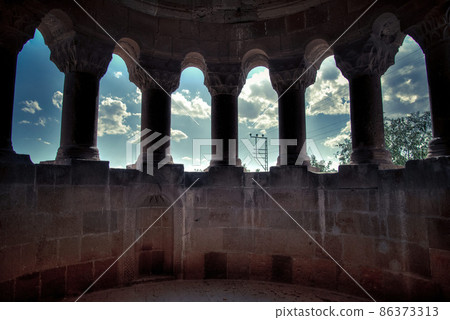 Interior of a monument, called Kumbet in Turkish, in historical Ahlat cemetery left by the Ahlatshah dynasty with islamic tombstones, Bitlis, Turkey. Interior of a monument, called Kumbet in Turkish, in historical Ahlat cemetery left by the Ahlatshah dynasty with islamic tombstones, Bitlis, Turkey. 86373313