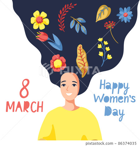 Greeting card for International Womens Day celebration. 8th March background with girl and flowers. 86374035