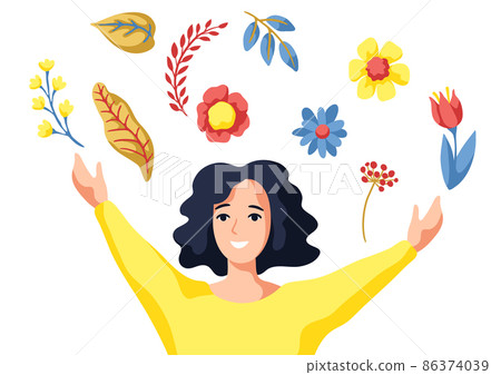 Greeting card for International Womens Day celebration. 8th March background with girl and flowers. 86374039