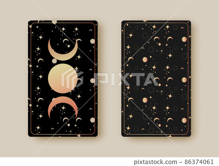 Set magical tarot cards, magic Sun and Triple Moon, boho style, sacred geometry sign, esoteric spiritual symbols, God and Goddess Wiccan icon. Vector vintage collection on black celestial background 86374061