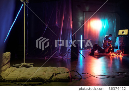 Part of hacker hideouts illuminated by neon lights Part of hacker hideouts illuminated by neon lights 86374412
