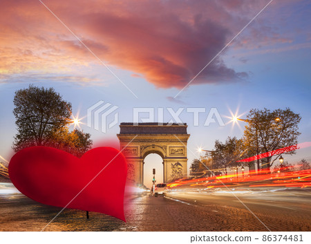 Arc de Triumph against red heart on Champs-Elysees street, Happy Valentine's Day, Paris in love, France Arc de Triumph against red heart on Champs-Elysees street, Happy Valentine's Day, Paris in love, France 86374481