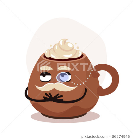 Vector big brown cup with christmas drink. Chocolate with whipped cream. Cartoon character with a mstache and monocle. Old gentleman. Vector big brown cup with christmas drink. Chocolate with whipped cream. Cartoon character with a mstache and monocle. Old gentleman. 86374946
