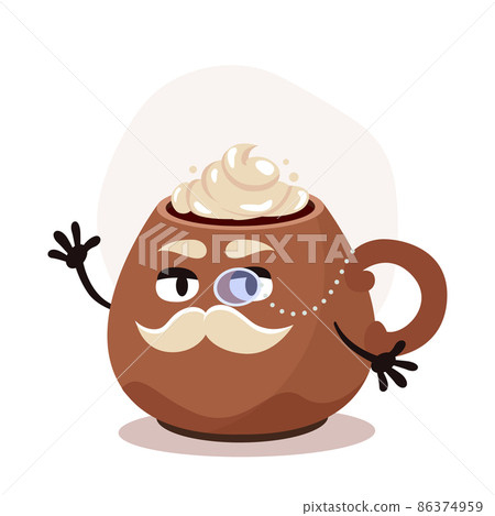 Vector big brown cup with christmas drink. Chocolate with whipped cream. Cartoon character with a mstache and monocle. Old gentleman. Vector big brown cup with christmas drink. Chocolate with whipped cream. Cartoon character with a mstache and monocle. Old gentleman. 86374959