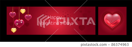 Saint Valentines day banners set. Horizontal and square template for advertisign. Social media post design with glass hearts. Saint Valentines day banners set. Horizontal and square template for advertisign. Social media post design with glass hearts. 86374963
