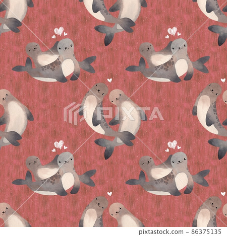 Seamless pattern. Watercolor illustration with cute seal love couple on red textured background with hearts 86375135
