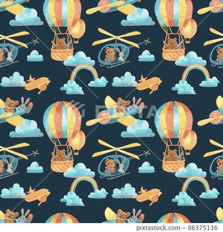 Watercolor pattern air transport bunny and bear.  86375136