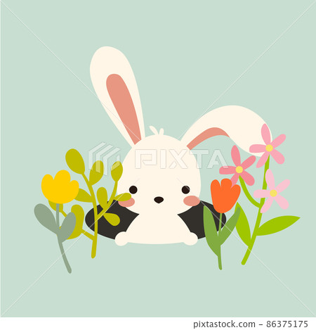 Cute vector easter bunny in hole with flowers Cute vector easter bunny in hole with flowers 86375175