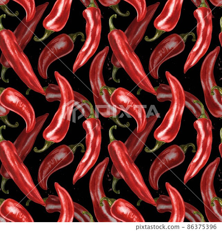 Red hot chili pepper, whole pods, set. Hand drawn watercolor illustration isolated on white background. 86375396