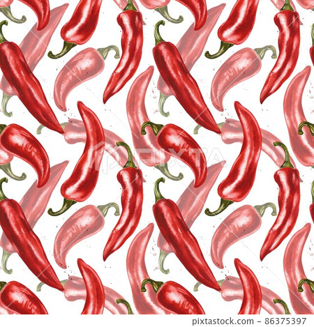 Red hot chili pepper, whole pods, set. Hand drawn watercolor illustration isolated on white background. 86375397
