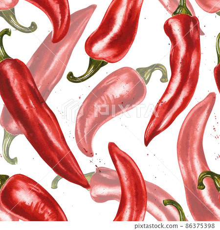 Red hot chili pepper, whole pods, set. Hand drawn watercolor illustration isolated on white background. Red hot chili pepper, whole pods, set. Hand drawn watercolor illustration isolated on white background. 86375398