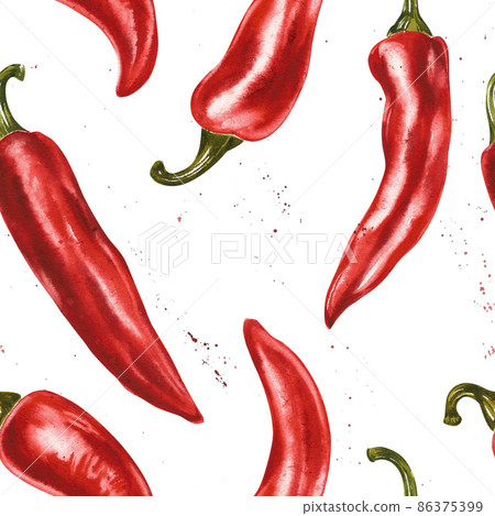 Red hot chili pepper, whole pods, set. Hand drawn watercolor illustration isolated on white background. 86375399