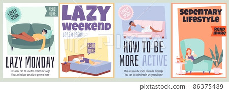 Set of posters with lazy people laying on sofa or bed, reading book and eating - flat vector illustration. Set of posters with lazy people laying on sofa or bed, reading book and eating - flat vector illustration. 86375489