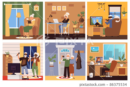 Banners collection with elderly people using gadgets flat vector illustration. 86375534