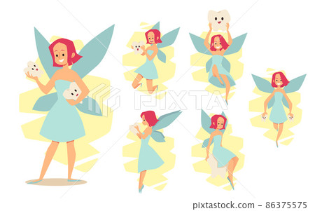 Set of cartoon female characters of tooth fairies in different poses in flat 86375575