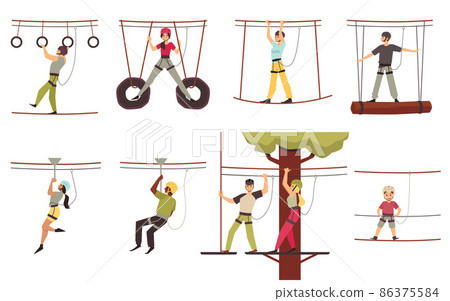 Adventure rope park with visitors in flat vector illustration isolated on white Adventure rope park with visitors in flat vector illustration isolated on white 86375584