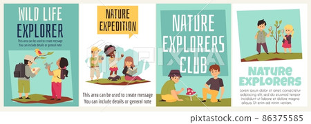 Children explorer club of nature on expedition in flat vector illustration Children explorer club of nature on expedition in flat vector illustration 86375585