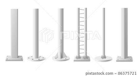 Metal poles or columns in realistic 3d style, vector illustration isolated on white background. 86375721