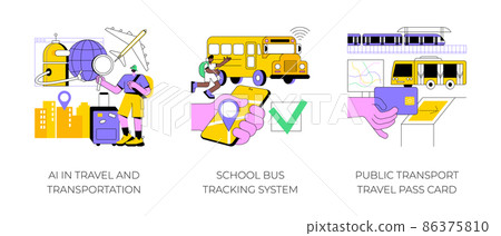 Technology in transportation abstract concept vector illustration set. AI in travel and transportation, school bus tracking system, public transport travel pass card, navigation abstract metaphor. Technology in transportation abstract concept vector illustration set. AI in travel and transportation, school bus tracking system, public transport travel pass card, navigation abstract metaphor. 86375810