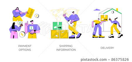E-commerce website order processing abstract concept vector illustration set. Payment options, shipping information, delivery, shopping cart, online banking, international delivery abstract metaphor. 86375826