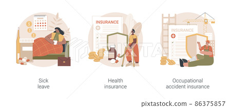 Social insurance abstract concept vector illustration set. Sick leave, health insurance, occupational accident coverage, industrial accident, paid days, medical expenses, healthcare abstract metaphor. Social insurance abstract concept vector illustration set. Sick leave, health insurance, occupational accident coverage, industrial accident, paid days, medical expenses, healthcare abstract metaphor. 86375857
