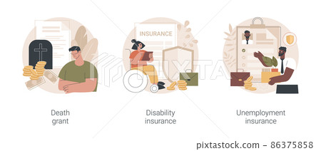 Social financial support abstract concept vector illustration set. Death grant, disability insurance, unemployment insurance, lost job, paper work, workers compensation, payment abstract metaphor. 86375858