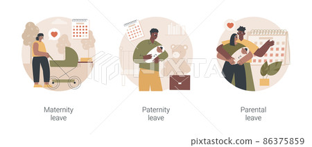 Newborn childcare abstract concept vector illustration set. Maternity and paternity leave, expecting a baby, parental child care, pregnant woman, home office, happy family with kid abstract metaphor. 86375859