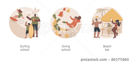 Summer vacation activity abstract concept vector illustration set. Surfing school, diving school, beach bar, surfboard and wetsuit rental, water sport, tropical cocktail recipe abstract metaphor. 86375860