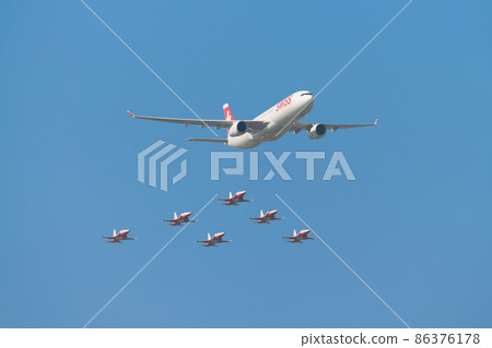 Swissair Airbus A330 and Swiss Air Force Patroille-Swiss formation flight Swissair Airbus A330 and Swiss Air Force Patroille-Swiss formation flight 86376178
